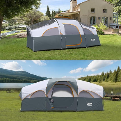 CAMPROS CP Tent 8 Person Camping Tents, Weather Resistant Family Tent, 5 Large Mesh Windows, Double Layer, Divided Curtain for Separated Room, Portable with Carry Bag