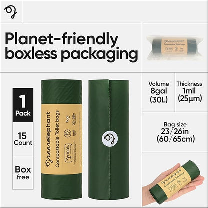 Green Elephant Portable Toilet Bags - Camping Toilet Bags, Camping Potty Bags, Camping Poop Bags for People, Toilet Waste Bags for 5 Gallon Bucket, Camp Toilet Bag, 15 count, 8 gal, 1 mil (1 pack)