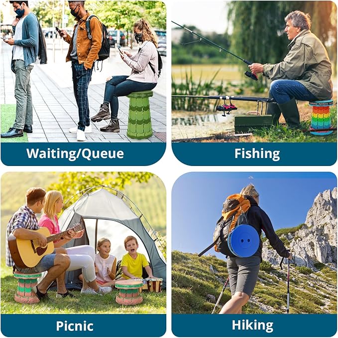 Retractable Folding Stool - Heavy Duty 400 lb Collapsible Portable Stool for Camping, Hiking, Fishing, Indoor/Outdoor with Non-Slip Base and Lightweight Design (Rainbow, 2-Pack)