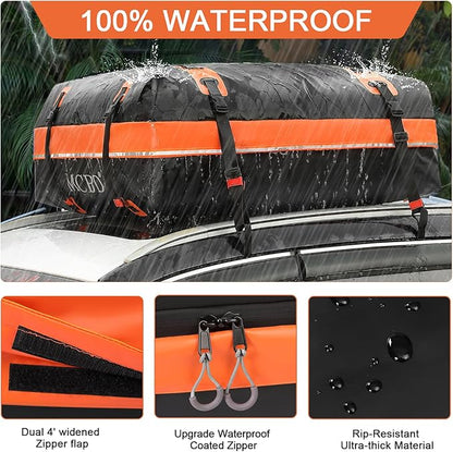 Rooftop Cargo Carrier Bag,15 Cubic Feet Soft-Shell Waterproof Car Roof Luggage Bag for All Vehicles SUV with/Without Rails,Includes 8 Reinforced Straps+4 Door Hooks,Storage Bag,Anti-Slip Mat,Orange