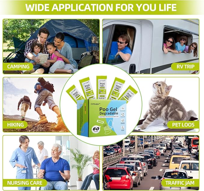Portable Toilet Absorbent Gel Powder, 60 Pack Poo Gel for Camping Eco Absorbent Gel, Poo Urine Powder for Camping Outdoor Hiking Fast-Acting Gel