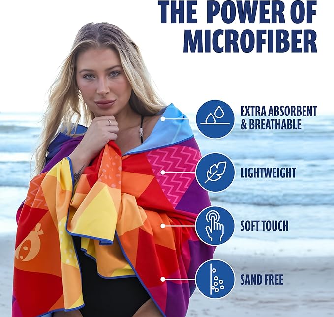 SUN NINJA Microfiber Beach Towel - Sand Free, Quick Dry, Lightweight & Compact for Beach, Pool, Yoga and Camping - 63x32 inch Super Absorbent, Large Sand Free Swim Towels for Adults and Kids