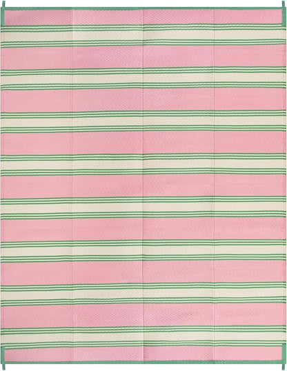 Lahome Striped Outdoor Rug 8x10 Patio Waterproof, Reversible Outdoor Plastic Straw Rug for Camping, RV Patio Rugs Outside Large Carpet for Porch Deck Backyard Picnic(Pink/Green,8'x 10')