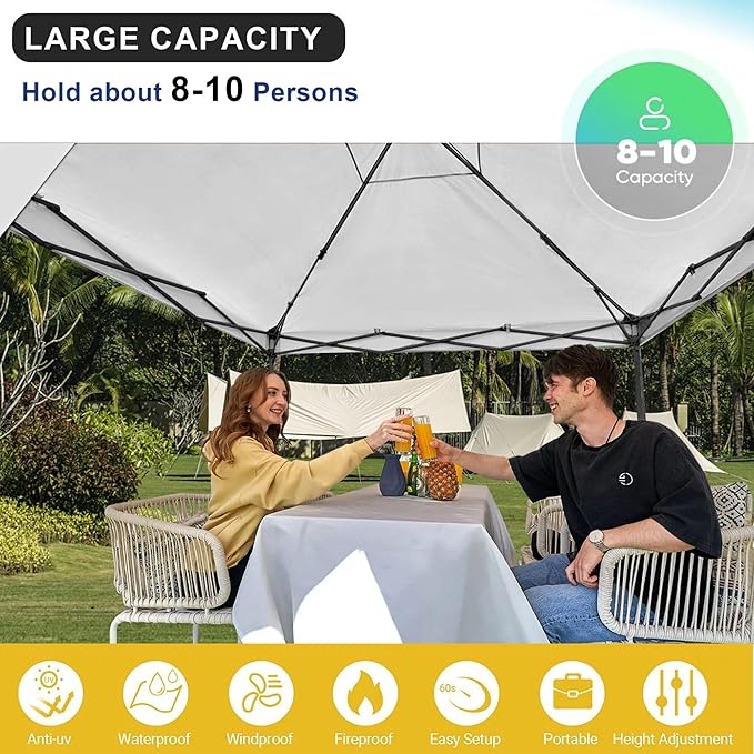 KAMPKEEPER 10x10 Pop Up Canopy Tent with 2 Sidewalls - Waterproof Outdoor Shelter for Sun Shade, Camping, Beach, Patio and Backyard Events, White