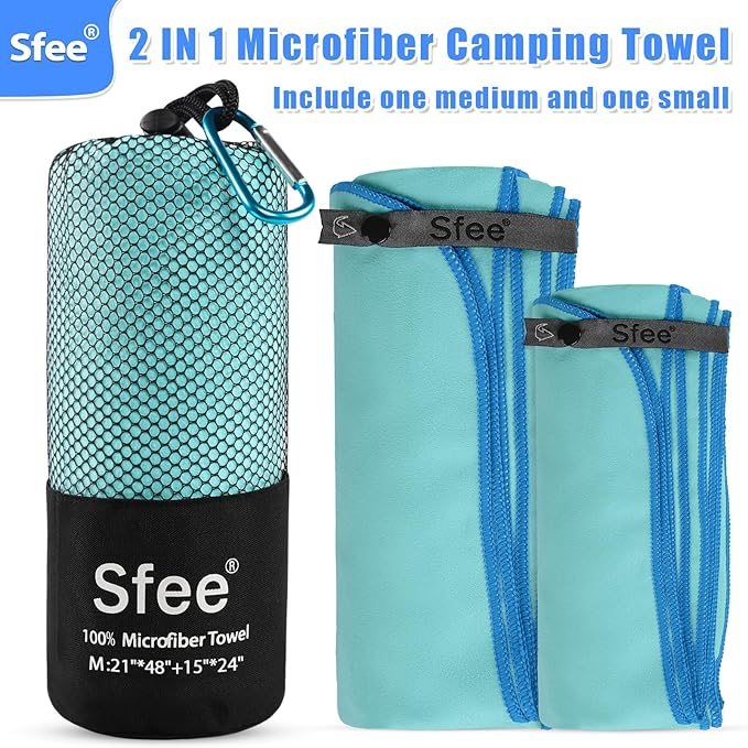 Sfee 2 Pack Microfiber Travel Towel, Quick Dry Towel Camping Towel Super Absorbent Compact Lightweight Sports Towel Swim Towel Gym Towel Beach Towel Set for Gym, Hiking, Pool, Backpacking, Bath, Yoga