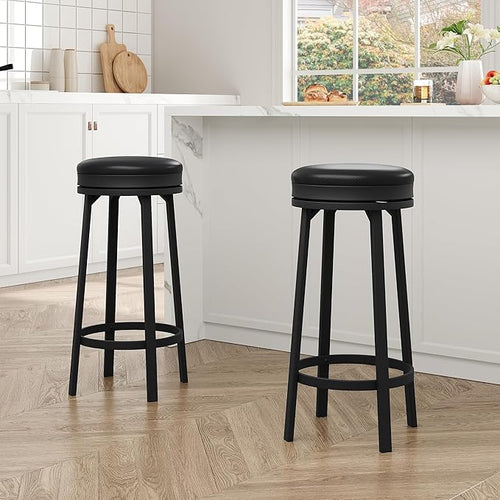 IDEALHOUSE 30'' Swivel Bar Stools Set of 2 with Footrest, Modern Counter Height Barstools with PU Leather Upholstered and Metal Frame, Backless Round Bar Stools for Kitchen Island, Black