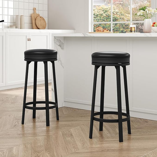 IDEALHOUSE 30'' Swivel Bar Stools Set of 2 with Footrest, Modern Counter Height Barstools with PU Leather Upholstered and Metal Frame, Backless Round Bar Stools for Kitchen Island, Black