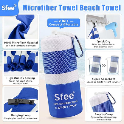 Sfee 2 in 1 Microfiber Travel Towel, Quick Dry Towel Camping Towel Beach Towel Super Absorbent Compact Lightweight Sports Towel Gym Towel Set for Gym, Hiking, Pool, Bath, Yoga (Small: 32''x16'')