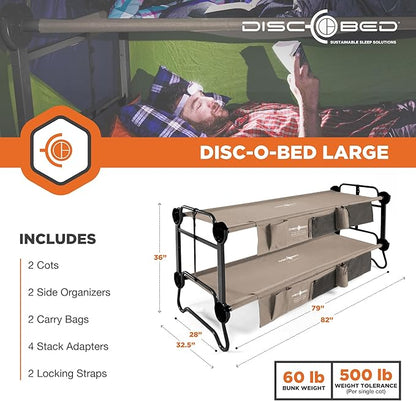 Disc-O-Bed Large Outdoor Convertible 2 Person Bench and Double Camping Cot Portable Bed Bunk System for Adults