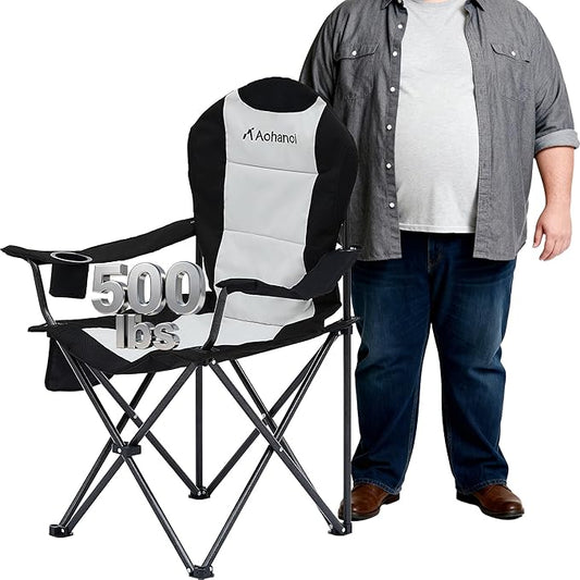 Camping Chairs for Heavy People, Folding Chairs for Outside Outdoor Folding Chairs with Cup Holder & Cooler Bag, Camp Chairs Supports up to 400lbs(1 PC, Black White)