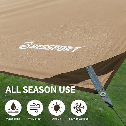 Bessport Camping Tarp, 16×9.8FT with 2 Poles, Portable Multifunctional Backpacking, PU 3000mm Waterproof Rain Fly Hammock Tarp for Outdoor,Traveling, Hilking