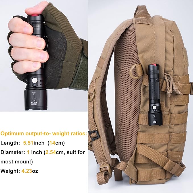 Small Tactical Flashlight, Waterproof, Military Grade, 900 Lumen, 5.51 in Length, 4.5oz Weight, Dual Switch, 18650 Battery (Not Included), 1 Year Free Replacement