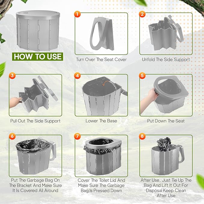 Portable Toilet for Camping with Lid + Pop-Up Privacy Tent, Adults + Kids, Folding Waterproof Porta Potty for Travel, Car, Hiking, Boat, Beach, Tent, Outdoor Trips + 12 Waste Bags