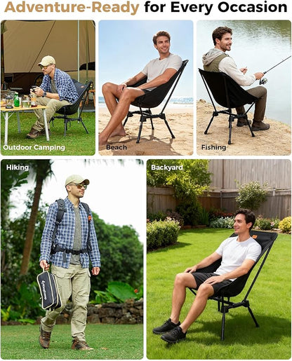 KingCamp Portable Backpacking Chair, 4-Position Adjustable Height Folding Compact Lightweight Camping Chairs with Cup Holders & Carry Bag for Outdoor Camp Hiking Lawn Fishing