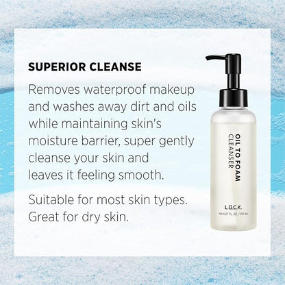L.O.C.K. Oil To Foam Cleanser - Vegan Olive Based Cleanser, Makeup Remover, Best For Waterproof Makeup, Vegan, Natural Skincare, Gentle For Everyone, Premium Quality, Clean Beauty, 5.07 Fl Oz. 150ml