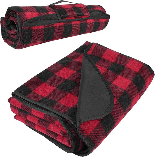 Tirrinia Outdoors Waterproof Throw Blanket, Sherpa Fleece Stadium Windproof Mat for Camping, Picnic, Traveling, Boat, Football - Machine Washable, Red-Black Plaid