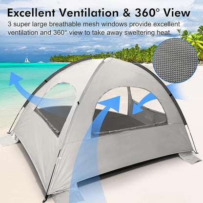 WhiteFang Beach Tent Anti-UV Portable Sun Shade Shelter for 3/4/6/8 Person, Extendable Floor with 3 Ventilating Mesh Windows Plus Carrying Bag, Stakes and Guy Lines