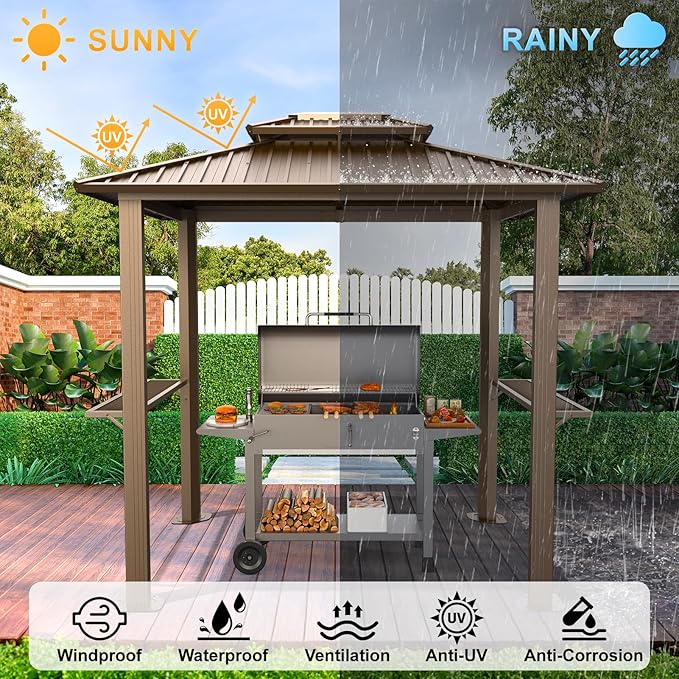 Hoteel 6x8 Hardtop Grill Gazebo, Outdoor Patio BBQ Gazebo with Galvanized Steel Double Roof, Hardtop Barbecue Canopy with 2 Side Shelves for Deck Lawn Backyard Garden,Brown