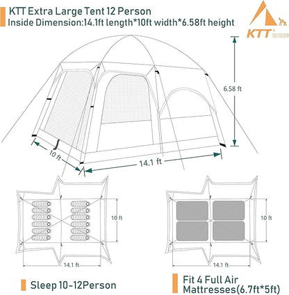 KTT Extra Large Tent 6-10-12-14 Person(Style-B),Family Cabin Tents,2 Rooms,3 Doors and 3 Windows with Mesh,Straight Wall,Waterproof,Double Layer,Big Tent for Outdoor,Picnic,Camping,Family Gathering