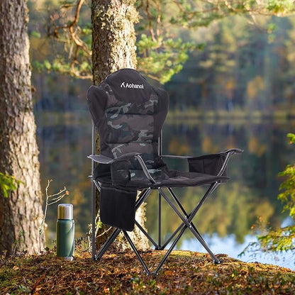 Camping Chairs, Outdoor Folding Chairs 2 Pack for Heavy People, Folding Chairs for Outside, Camp Chairs with Cup Holder & Cooler Bag, Supports up to 300lbs (2 Pcs, Camo)