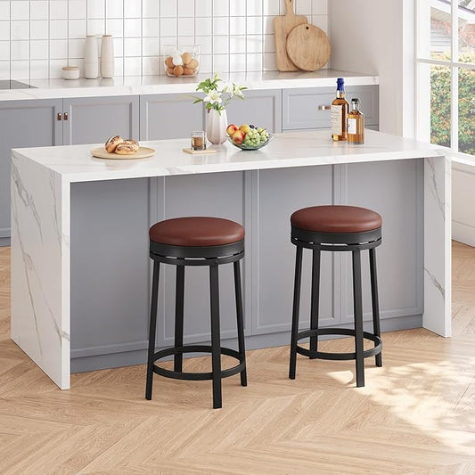 IDEALHOUSE 24'' Swivel Bar Stools Set of 2 with Footrest, Modern Counter Height Barstools with PU Leather Upholstered and Metal Frame, Backless Round Bar Stools for Kitchen Island, Brown
