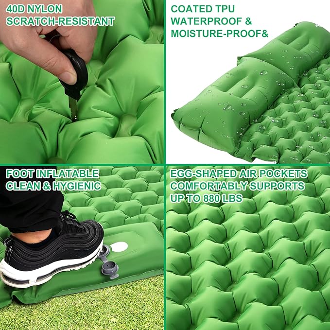 WANNTS Double Sleeping Pad, Ultralight Inflatable Sleeping Pad for Camping, Built-in Pump, Ultimate for Hiking - Airpad, Carry Bag, Repair Kit - Compact & Lightweight Camping pad(Green)
