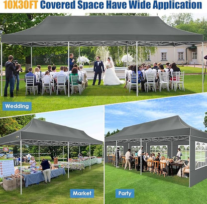 HOTEEL 10x30 Pop up Canopy Tent for Parties, Heavy Duty Easy Setup Tent with 8 Sidewalls, Outdoor Commercial Instant Gazebo for Wedding Event, with Portable Bag & Sand Bags, Grey(Hexagonal Frame)