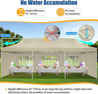 HOTEEL 10x30 Pop up Canopy Tent for Parties, Heavy Duty Easy Setup Tent with 5 Sidewalls, Outdoor Commercial Instant Gazebo for Wedding Event, with Roller Bag & Sand Bags, Khaki(Hexagonal Frame)