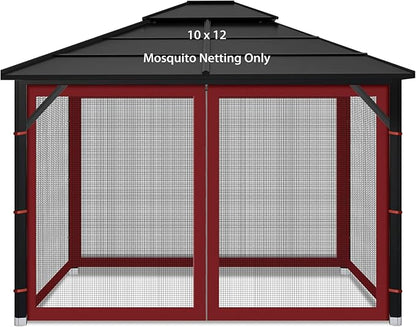 Gazebo Replacement Mosquito Netting Outdoor Universal Gazebo Canopy 4-Panels Screen Sidewalls with Zipper for Patio Garden (Red, 10x12)