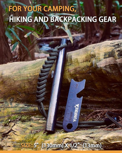 YUNFIRE Fire Starter-5" x 1/2" Thick Ferro Rod with Multi-Tool Striker & Type 550 Paracord, 25,000+ Strikes, Drilled Flint Fire Steel for Emergency Survival, Camping, Hiking