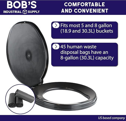 BISupply Camping Toilet Seat For 5 Gallon Bucket - Portable Toilet Seat Lid with Human Waste Bags for Outdoors - Bedside Commode Portable Bathroom Bucket Seat - Emergency Disaster Totable Toilet Lid