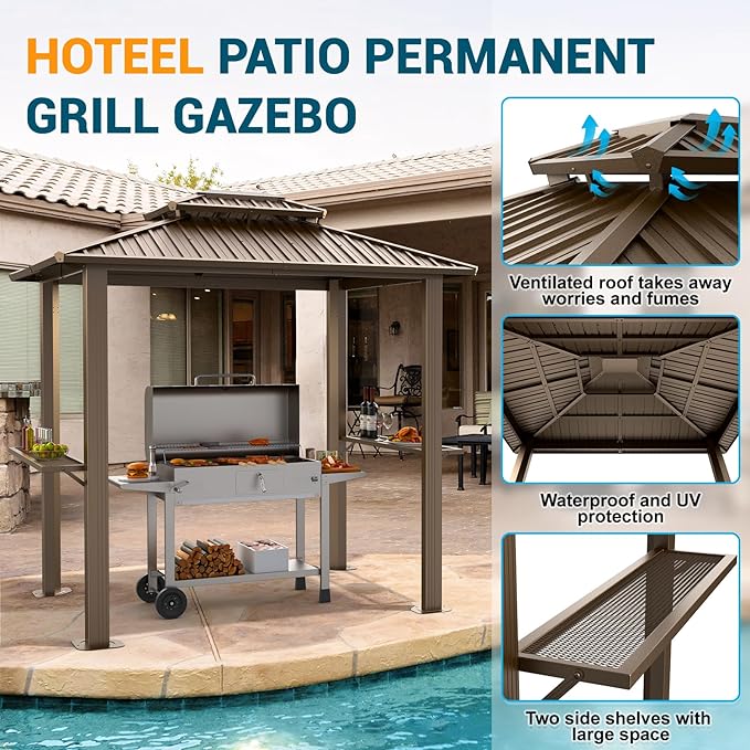 Hoteel 6x8 Hardtop Grill Gazebo, Outdoor Patio BBQ Gazebo with Galvanized Steel Double Roof, Hardtop Barbecue Canopy with 2 Side Shelves for Deck Lawn Backyard Garden,Brown