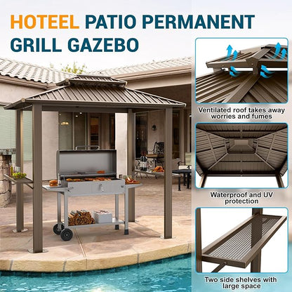 Hoteel 6x8 Hardtop Grill Gazebo, Outdoor Patio BBQ Gazebo with Galvanized Steel Double Roof, Hardtop Barbecue Canopy with 2 Side Shelves for Deck Lawn Backyard Garden,Brown