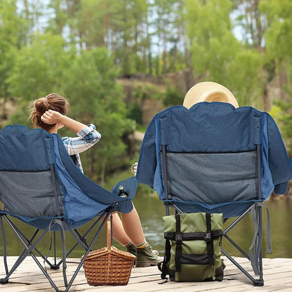 Oversized Camping Chair, Portable Folding Padded Camp Chairs with Side Pocket, Cup Holder, Heavy Duty Support 500LBS Outdoor Lounge Chair for Adults, Fishing, Sports, Trip, Navy Blue