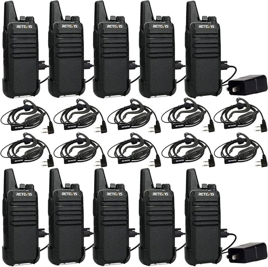 Retevis RT22 2 Way Radios Walkie Talkies,Rechargeable Long Range Two Way Radio,16 CH VOX Small Emergency 2 Pin Earpiece Headset,for School Retail Church Restaurant (Packed in Pairs with 5 Boxes)