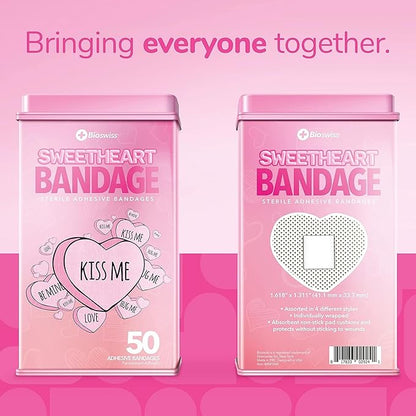 BioSwiss Bandages, Valentine Heart Shaped Self Adhesive Bandage, Latex Free Sterile Wound Care, Fun First Aid Kit Supplies for Kids, 50 Count