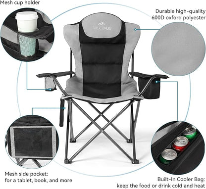 ABSCONDO Camping Chairs for Adults, Oversized Folding Camp Chair for Outdoor with Cup Holder & Cooler Bag, XL Heavy Duty Lawn Chairs Supports up to 350lbs (2 Pcs)