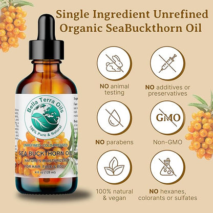 Bella Terra Oils - Sea Buckthorn Oil 8 oz - The Ultimate Elixir from Nature's Bounty, Rich in Flavonoids & Essential Fatty Acids, Gilded Luxe for Your Face