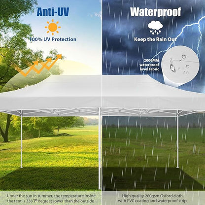 HOTEEL 10x20 Pop up Canopy Tent for Parties, Heavy Duty Easy Setup Tent Without Sidewalls, Outdoor Commercial Instant Gazebo for Wedding Event, with Roller Bag & Sand Bags, White(Hexagonal Frame)