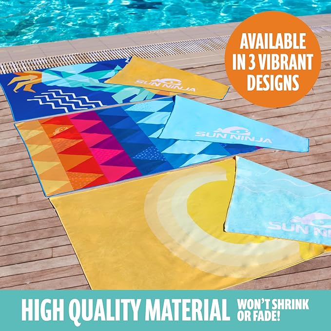 SUN NINJA Microfiber Beach Towel - Sand Free, Quick Dry, Lightweight & Compact for Beach, Pool, Yoga and Camping - 63x32 inch Super Absorbent, Large Sand Free Swim Towels for Adults and Kids