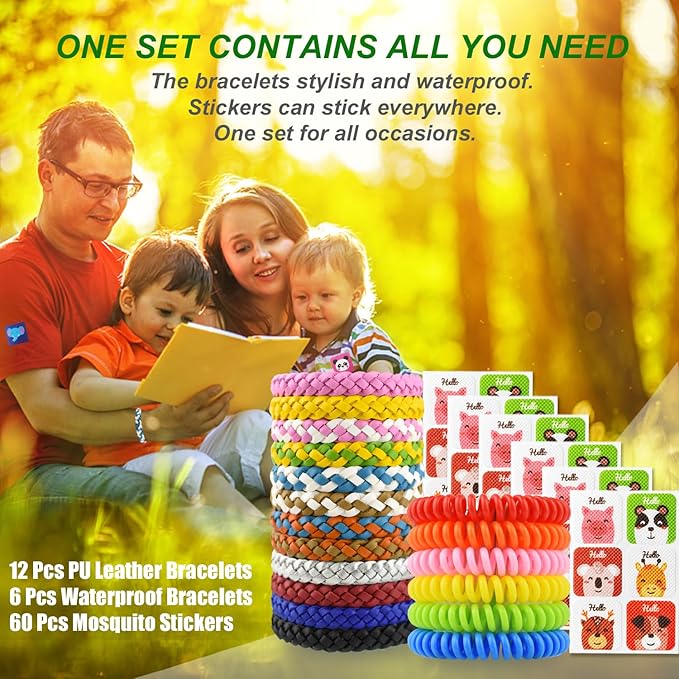 78 Pcs Set 12 Pack Leather Braid Natural Mosquito Repellent Bracelets + 6 Pack Waterproof Bug Insect Wristbands with 60 Mosquito Patches Stickers for Kids Adult Outdoor Camping Fishing Traveling