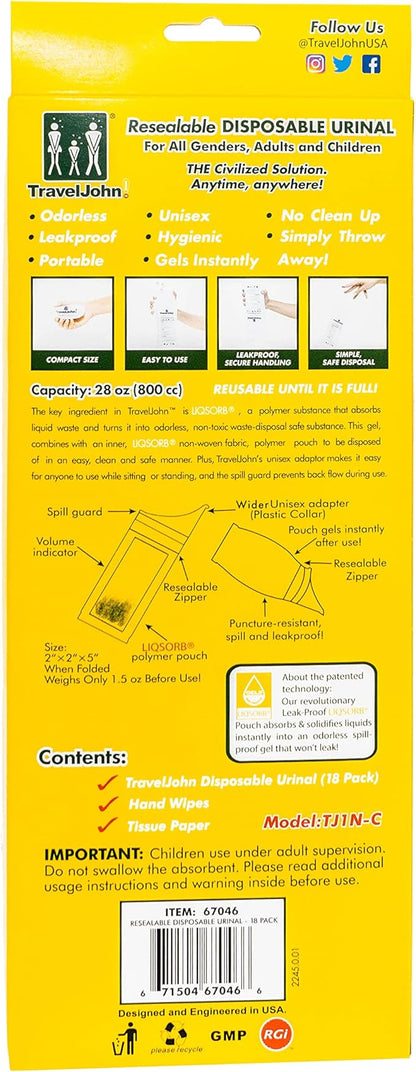 Resealable Disposable Urinal for All Genders, Adults, and Children (18 Pack) Designed for Emergencies, Travel, Camping, Long Car Rides and More - 28oz/800ml Capacity (TJ1N-C)