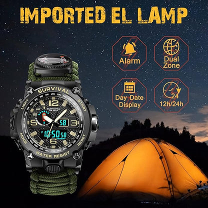 Kavie 23-in-1 Military Tactical Watch for Men, Multifunctional Outdoors Waterproof Survival Watches with Compass Whistle Fire Starter and Thermometer, Paracord Watch Bracelets with Outdoor Army Gear