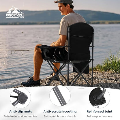 HIGH POINT SPORTS Oversized Camping Folding Outdoor Chair with Armrest, Collapsible Portable Lawn Chair with Cup Holder for Adults Support 350 LBS, Gray-Black