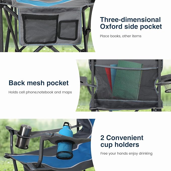 HIGH POINT SPORTS Portable Camping Chair, Heavy Duty Outdoor Folding Chair with Armrest, Foldable Camp Chair with Cup Holder for Camping, Support 350 LBS, Blue-Gray, 2 Pack