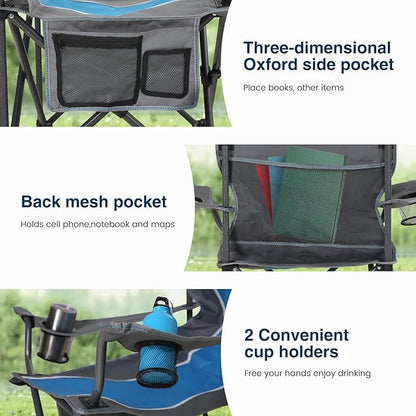 HIGH POINT SPORTS Portable Camping Chair, Heavy Duty Outdoor Folding Chair with Armrest, Foldable Camp Chair with Cup Holder for Camping, Support 350 LBS, Blue-Gray, 2 Pack