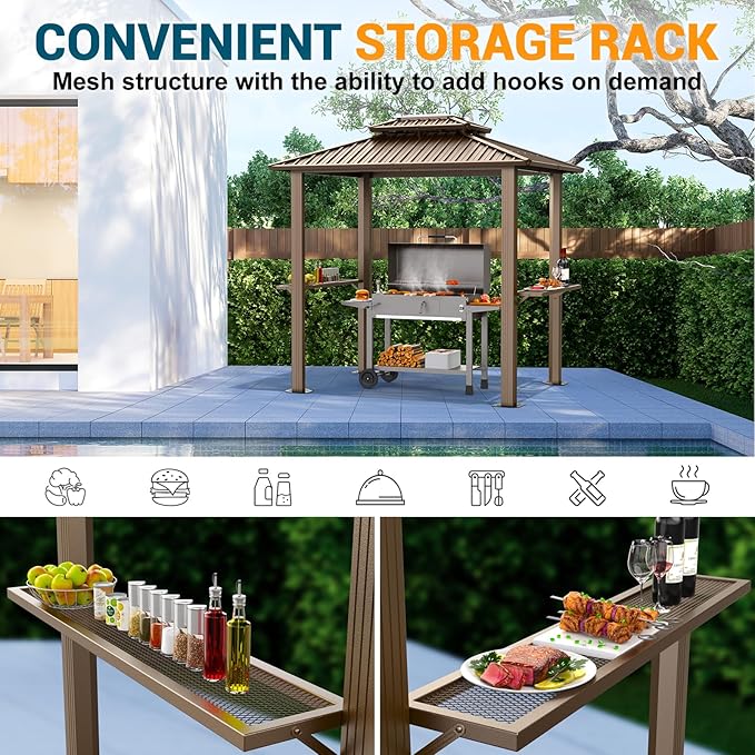 Hoteel 6x8 Hardtop Grill Gazebo, Outdoor Patio BBQ Gazebo with Galvanized Steel Double Roof, Hardtop Barbecue Canopy with 2 Side Shelves for Deck Lawn Backyard Garden,Brown