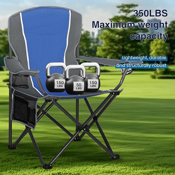 HIGH POINT SPORTS Portable Camping Chair, Heavy Duty Outdoor Folding Chair with Armrest, Foldable Camp Chair with Cup Holder for Camping, Support 350 LBS, Blue-Gray, 2 Pack
