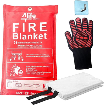 Emergency Fire Blanket with Hook and Glove - High Heat Resistant Fire, Emergency Blanket, Fire Resistant Safety Cover for Home Kitchen, Camping, and Office, Easy to Use, Compact Fire Safety Tool