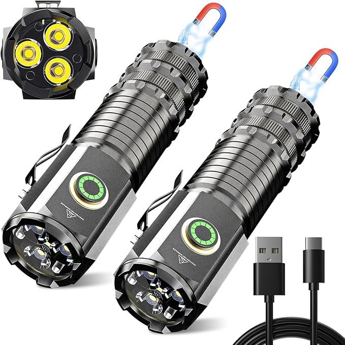 Wind&Moon Mini Flashlight Rechargeable,5000 Lumens Small Flashlights Powerful Pocket Flash Light with Clip,Magnetic EDC Flash-Light 5 Modes for Outdoor, Camping, Hiking, Emergency (2 Pack)